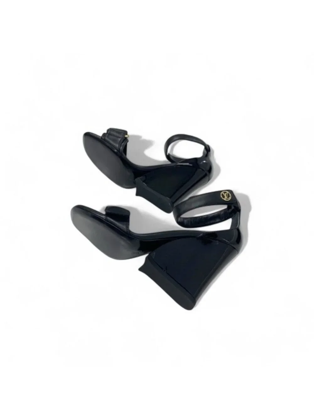 Louis Vuitton Stellar Line Sandals Shoes Leather Patent Black Gold Logo - Picture 6 of 9